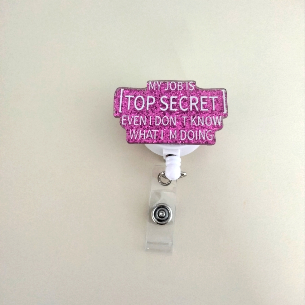 NEW Funny Top Secret Pink Glitter Badge Reel